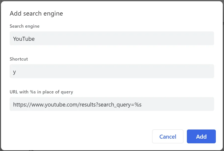 Screenshot of the chrome form for entering search for a site
