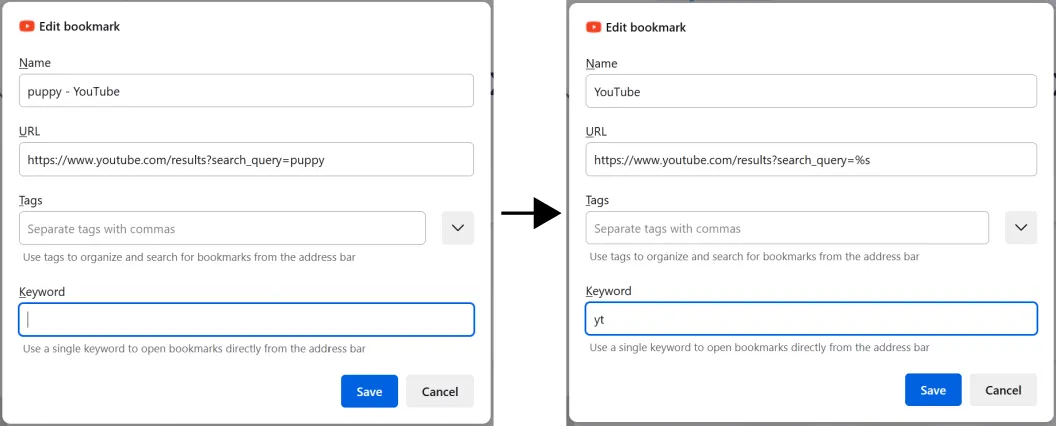 Before and after screenshot of a bookmark being edited in Firefox