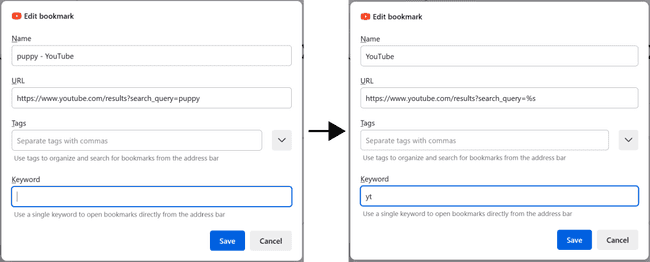 Before and after screenshot of a bookmark being edited in Firefox