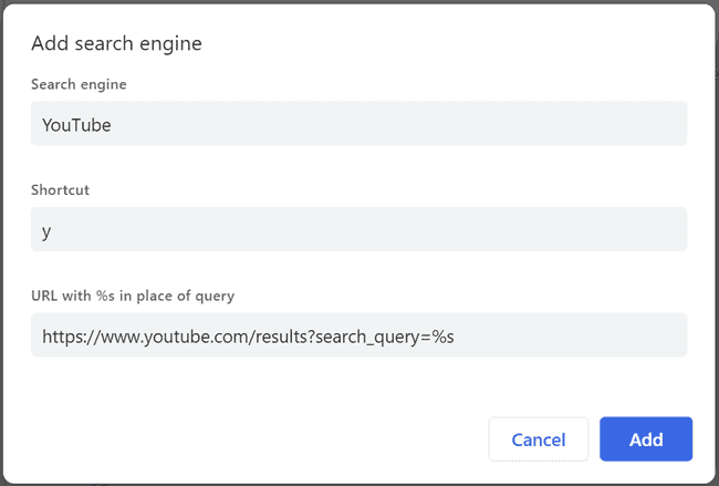 Screenshot of the chrome form for entering search for a site