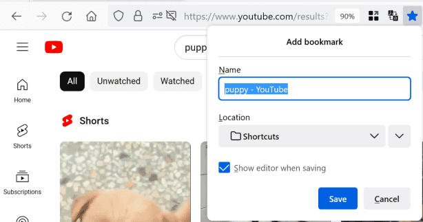 Screenshot of the search result page of YouTube being bookmarked